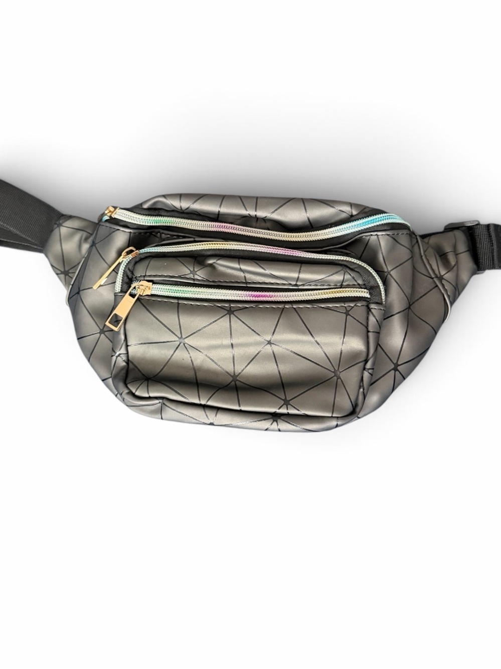 Trendy Metallic Silver Holographic Geometric Belt Bag Crossbody Fanny Pack 4 Zip